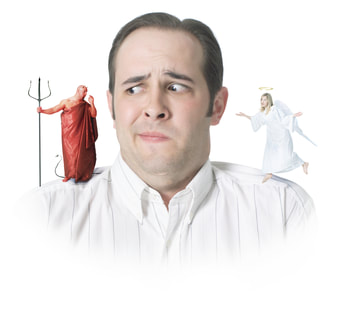 Man pictured with a devil and an angel standing on opposite shoulders, speaking into his ears. This illustrates the question posed in the Blog title of whether speaking with an American Accent is a blessing or curse. Below this picture is a  quote by C.S. Lewis that states there are significantly different outcomes choosing to aim at heaven or earth. 